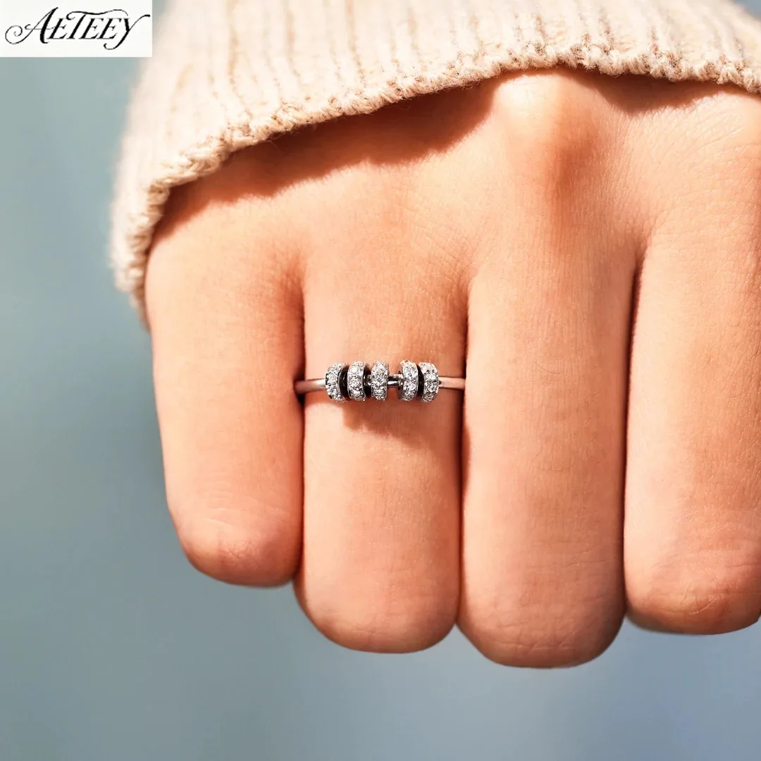 S925 Silver Rotatable Anxiety Bead Ring Color Zircon Minimalist Women Finger Jewelry