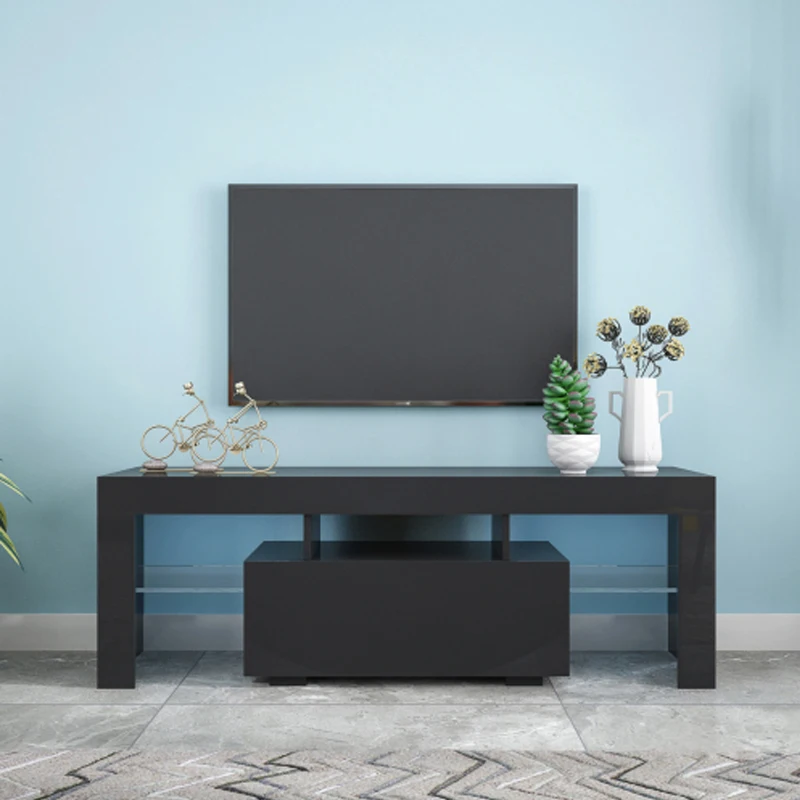 Black TV Stand with LED RGB Lights,Flat Screen TV Cabinet, Gaming Consoles - in Lounge Room,Black