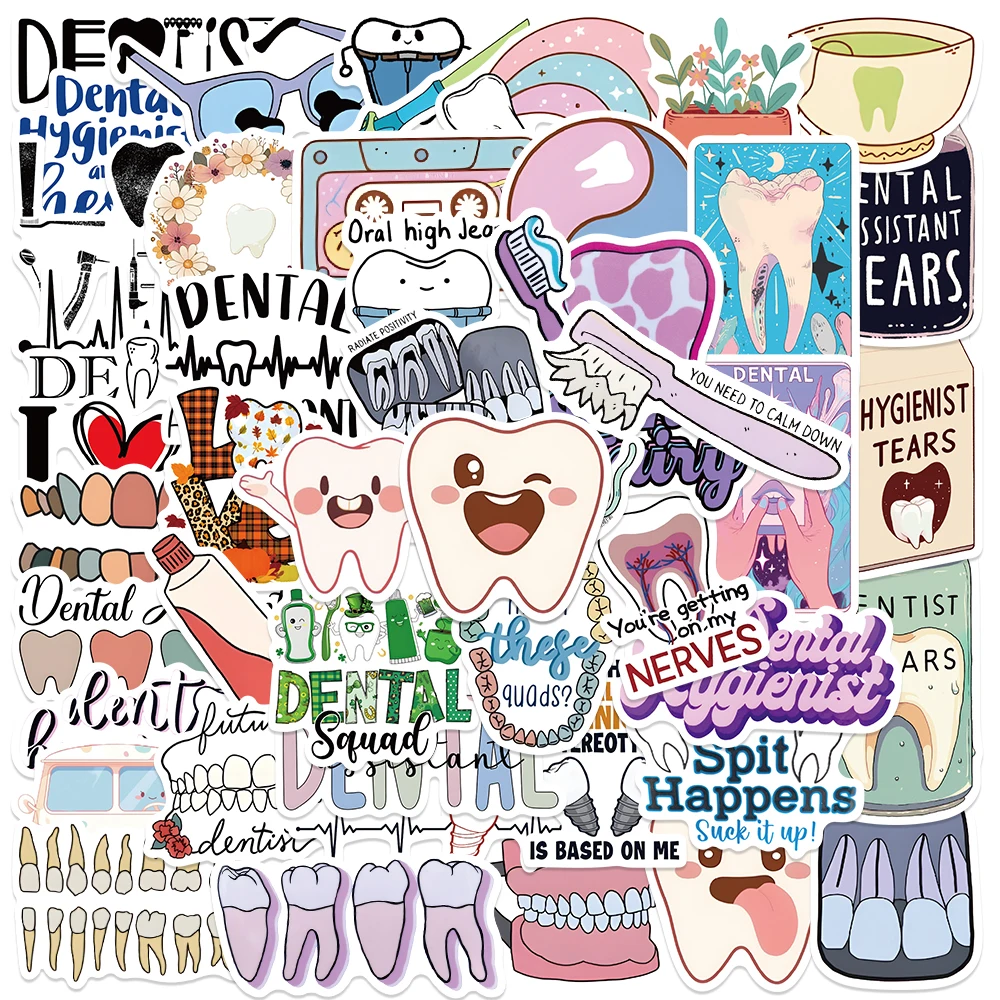 50PCS Cute Dental Tooth Cartoon Stickers Dentist Store Toothbrush Kids Rewards Sticker Wall Decoration Dentistry Gifts Stickers