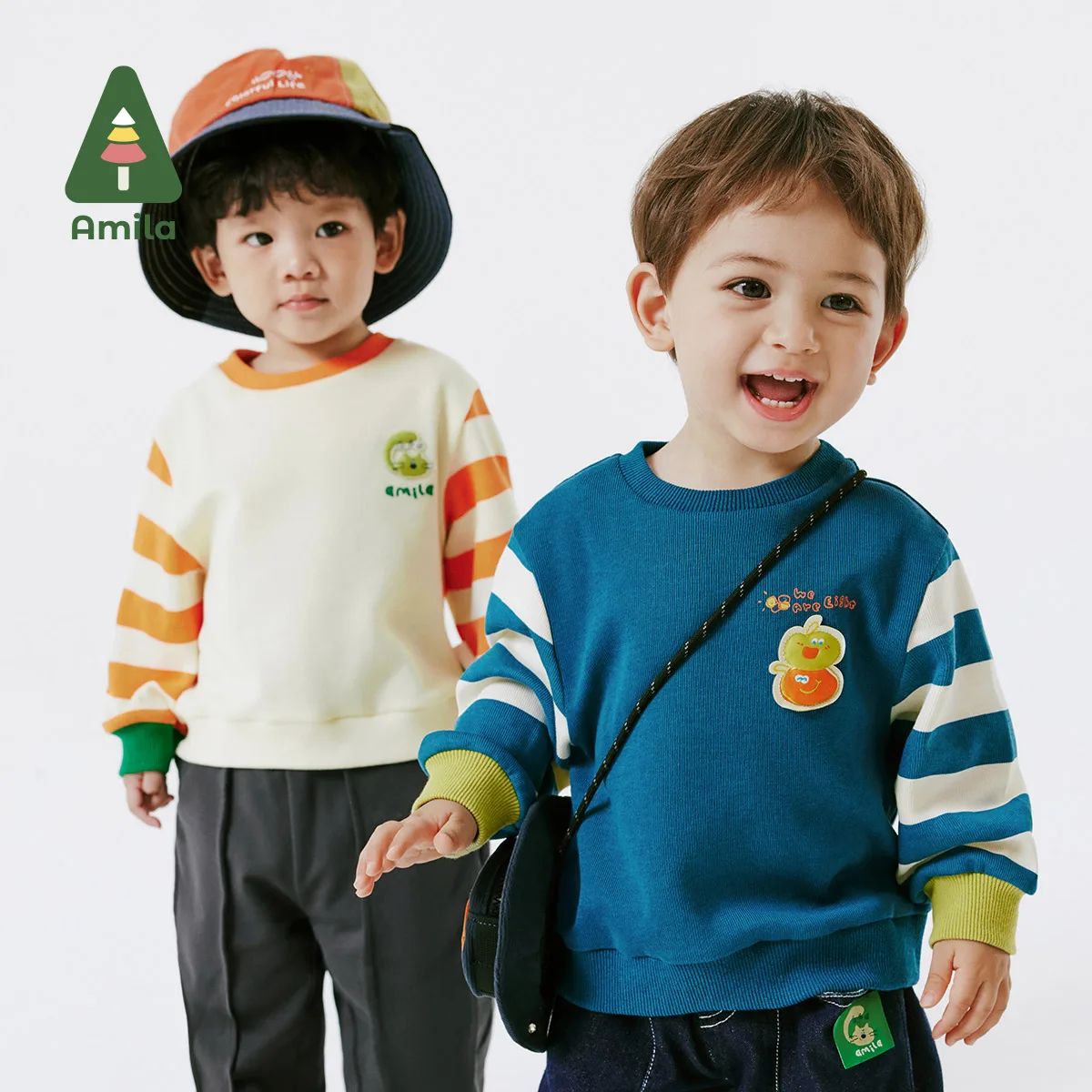 Amila Baby Pullover 2024 Spring New Striped Round Neck Elastic Breathable Skin-friendly Warm Cute Boys' Tops