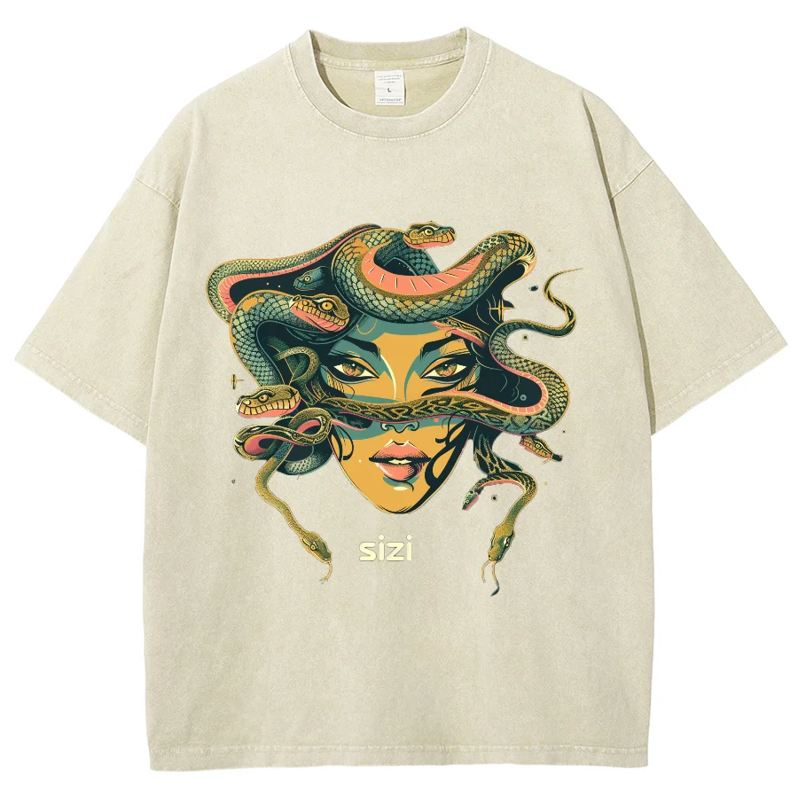 Medusa Snake Greek Mythology, Hiphop Y2K Washed T-shirt,  Oversized Summer Streetwear Vintage Washed Surf T Shirts For Men Women