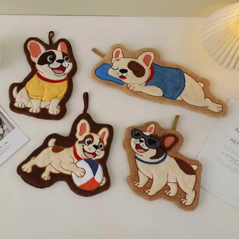 Cute Puppy Hand Towel Quick Drying Kitchen Cleaning Rag Coral Velvet Cartoon Animal Absorbent Bathroom Hanging Towel