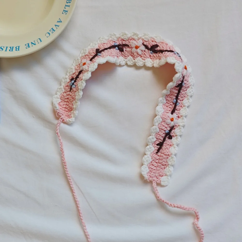 

Простая вязаная повязка на голову с цветочной вышивкой, мягкая милая вязанная крючком повязка для волос, тонкая шерстяная пряжа, повязка для волос в пасторальном стиле для девочек