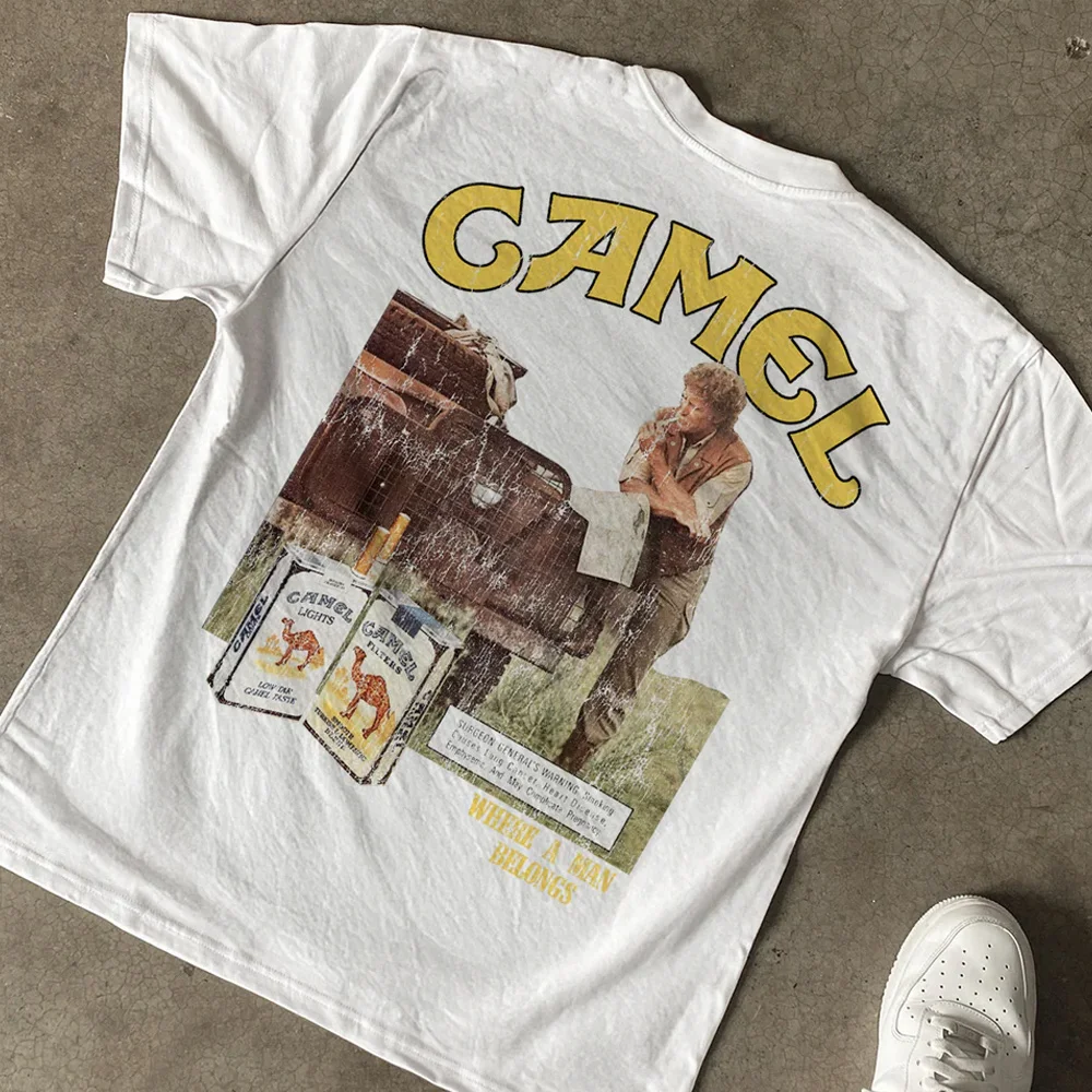 Retro Car Camel Cigarettes T-Shirt Vintage Cotton Tops Tees Short Sleeve Casual Streetwear Oversized Women Clothing Harajuku