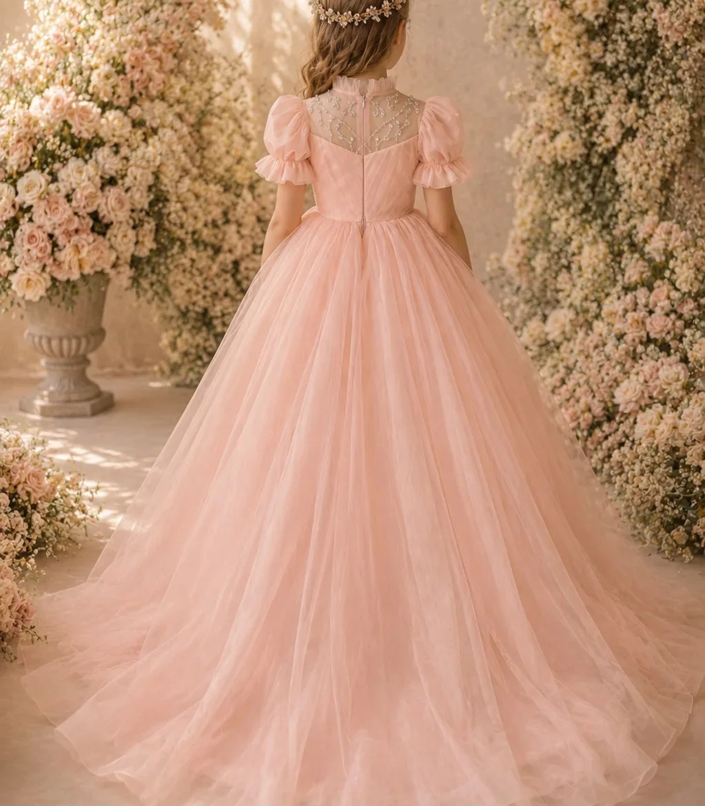 

Elegant Blush Pink Flower Girl Dress For Wedding High Collar Tulle Crystal Princess First Communion Bridesmaid Gown Customized