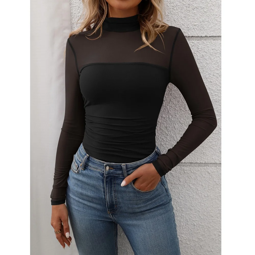 Women Spring Basic Tee Tops Mesh Transparent Long Sleeve Turtleneck Slim T-shirts