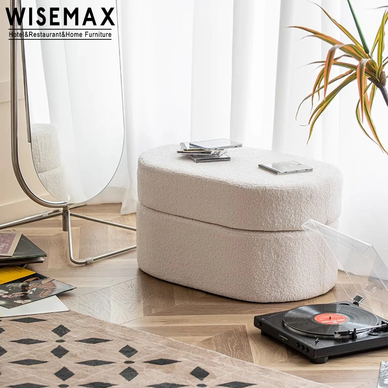 WISEMAX FURNITURE modern living room furniture lamb wool chair round shoe stool dressing room bench long ottoman with storage