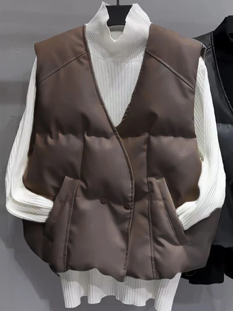plus Size Autumn Winter Sleeveless PU Leather Vest Fashionable Slimming Short Outerwear for Small Stature Women Straight Cut ...