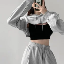 Short Hoodies Streetwear Women Solid Long Sleeve Casual Hoodied Tops Ladies Korean Fashion New Chic Loose Crop Sweatshirts 후드집업