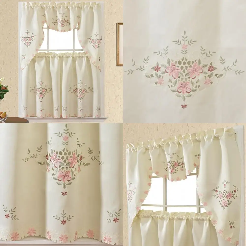 

Многоцветный комплект штор с ажурной вышивкой для кухонных окон (бежевый)