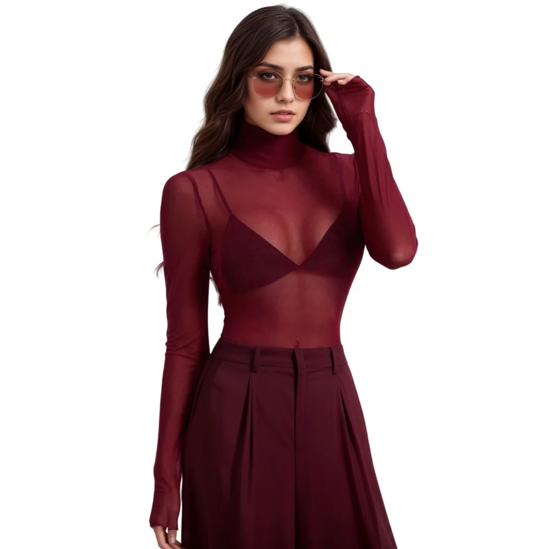 Elegant Turtleneck Mesh Top Sexy Long Sleeve Semi-Sheer Slim T-shirts Solid Color transparent Top For Women