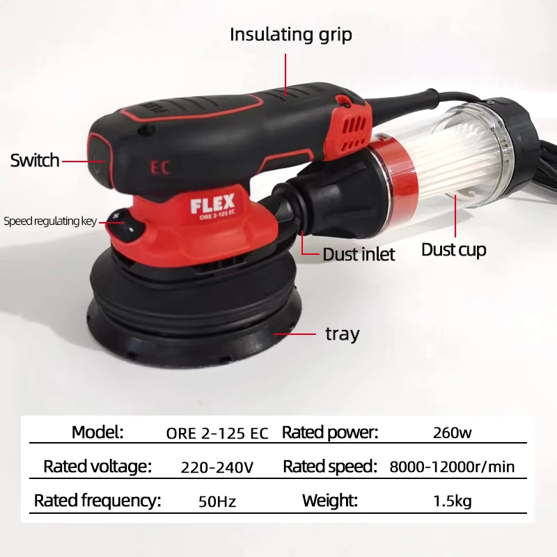 German Original FLEX 5-Inch 125mm 8-Hole Car Polishing Sander With Dust Cup Sandpaper Sanding Hand-Held Dry Mill Furniture Wall