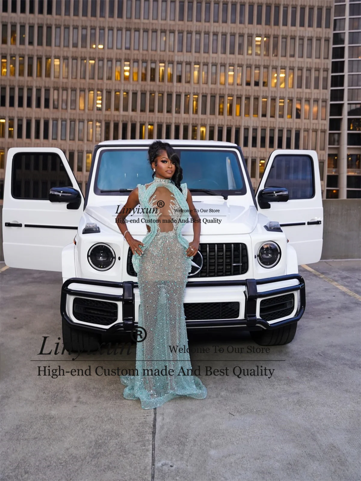 Glitter Rhionestone Sequin Prom Dresses Customized Black Girl Halter Evening Party Gown Sexy See Through Mermaid robes de soirée
