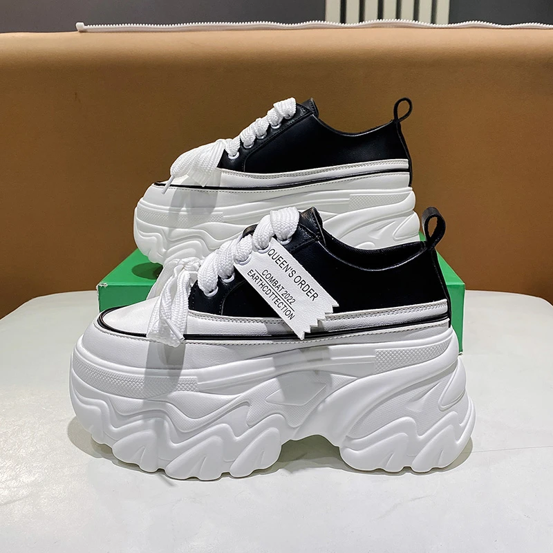 New 2024 Women Hidden Heels Sneakers 8CM High Platform Wedges Sneakers Autumn Chunky Leather Shoes Woman Lace Up Dad White Shoes