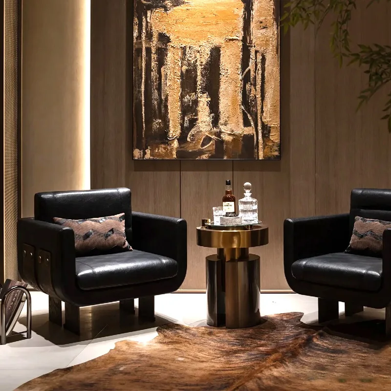 

Italian light luxury leisure chair high-end stainless steel leather sofa chair villa luxury living room designer