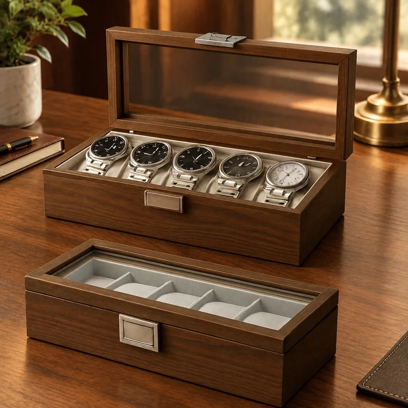 Black Walnut Wooden Organizer Box for Displaying and Storing 6 Watches