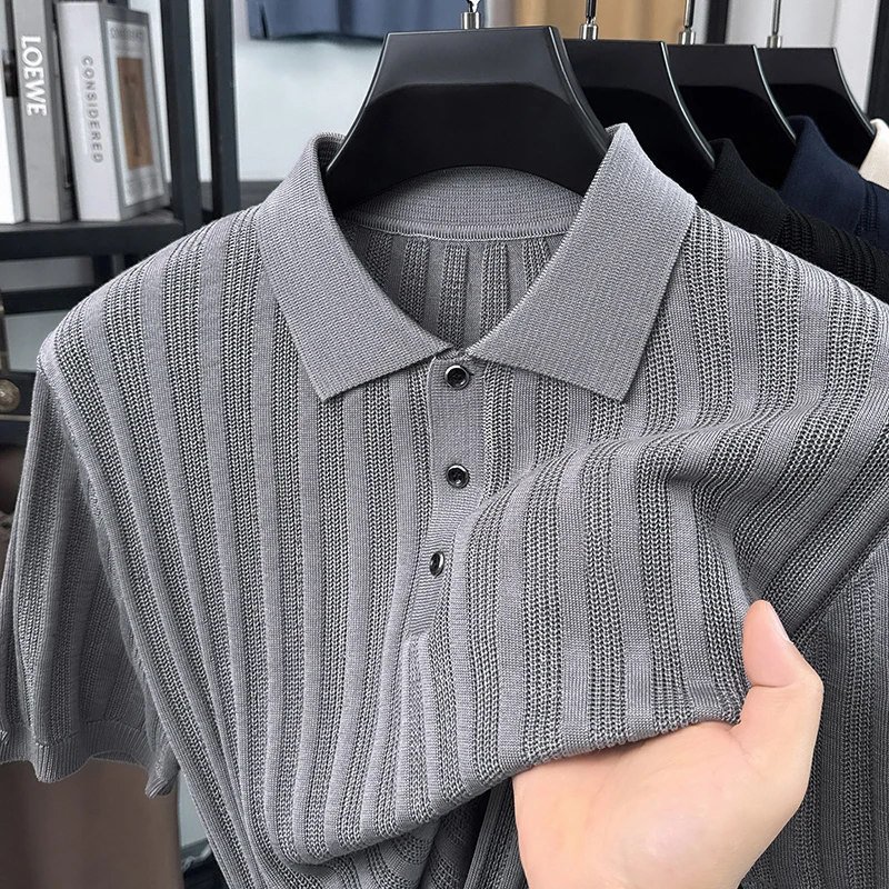 High end knitted solid color short sleeve polo shirt soft comfort summer casual breathable luxury T-shirt fashion new men's wear