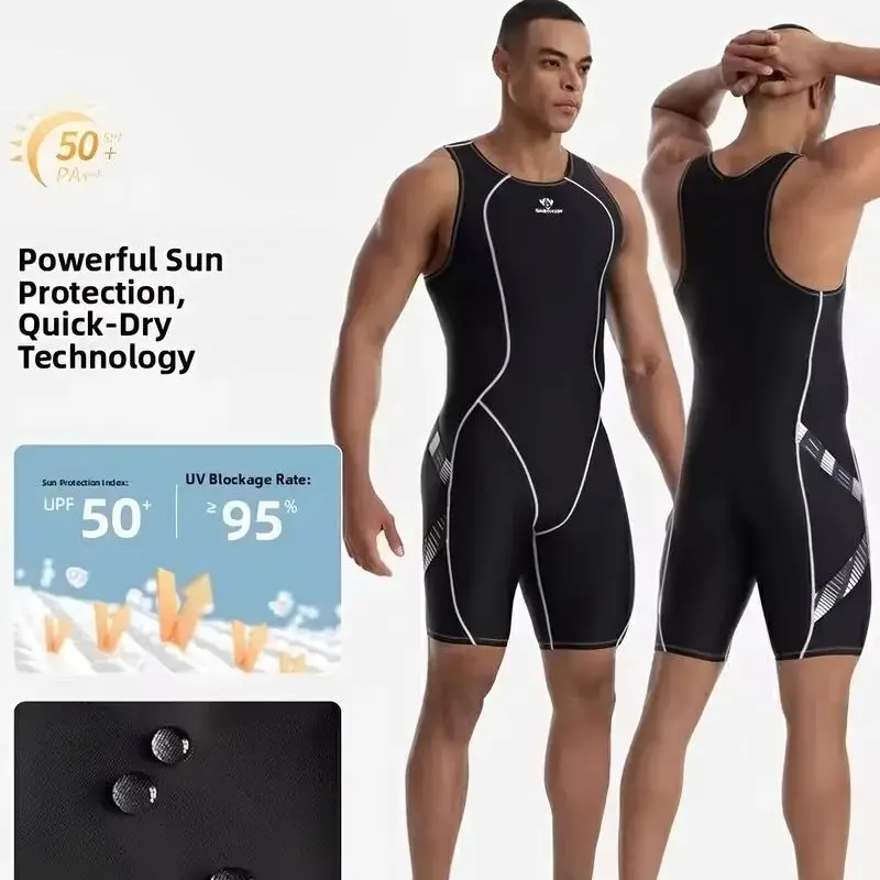 Schwarzer einteiliger Badeanzug, knielang, Renn-Badeanzug, männliches Schwimmoutfit, HXBY, für Männer und Frauen, professionelle sportliche Badebekleidung – Detail 1