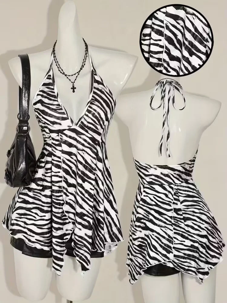 Black White Zebra Print Halter Top Women 2026 Deep V & Asymmetrical Hem Detail Back Tie Closure Y2K Aesthetic Streetwear
