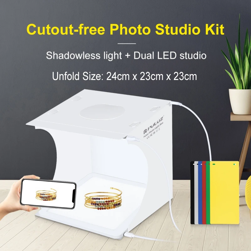 20cm Photo Studio Kit Shadowless Light + Dual LED Studio Shooting Tent Box +6 Colors Backdrops, 20cm x 20cm Effective Area