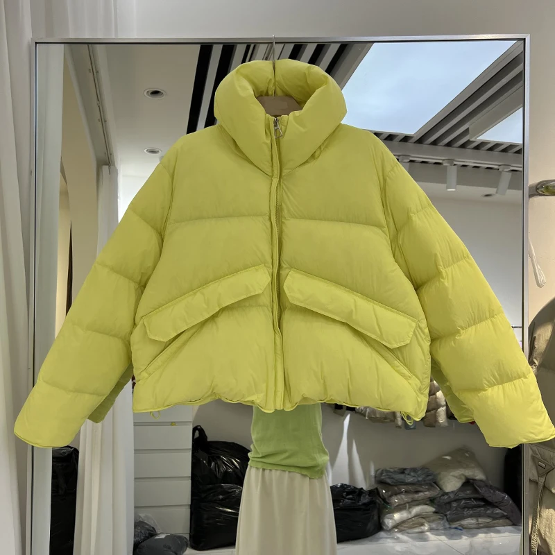 

2023 New Women's Down Jackets Solid Color Simple Stand Collar Fluffy Windproof Thermal Short Overcoats Office Lady Wear