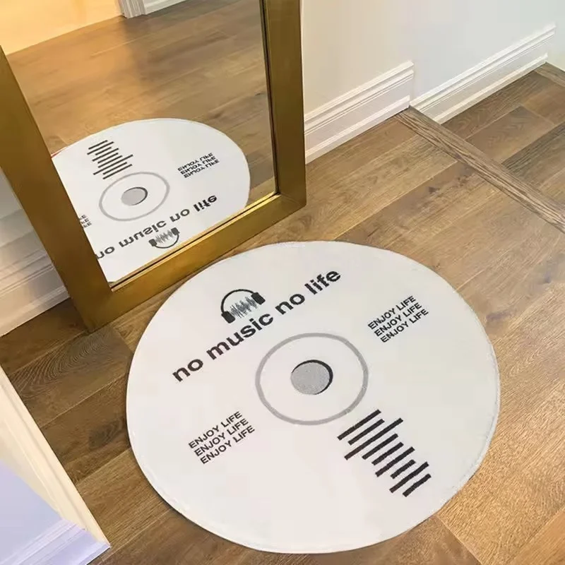 Blue CD Record No Music No Life Round Rug Non Slip Soft Washable Circular Floor Mat for Bedroom Entrance Music Lovers Decor