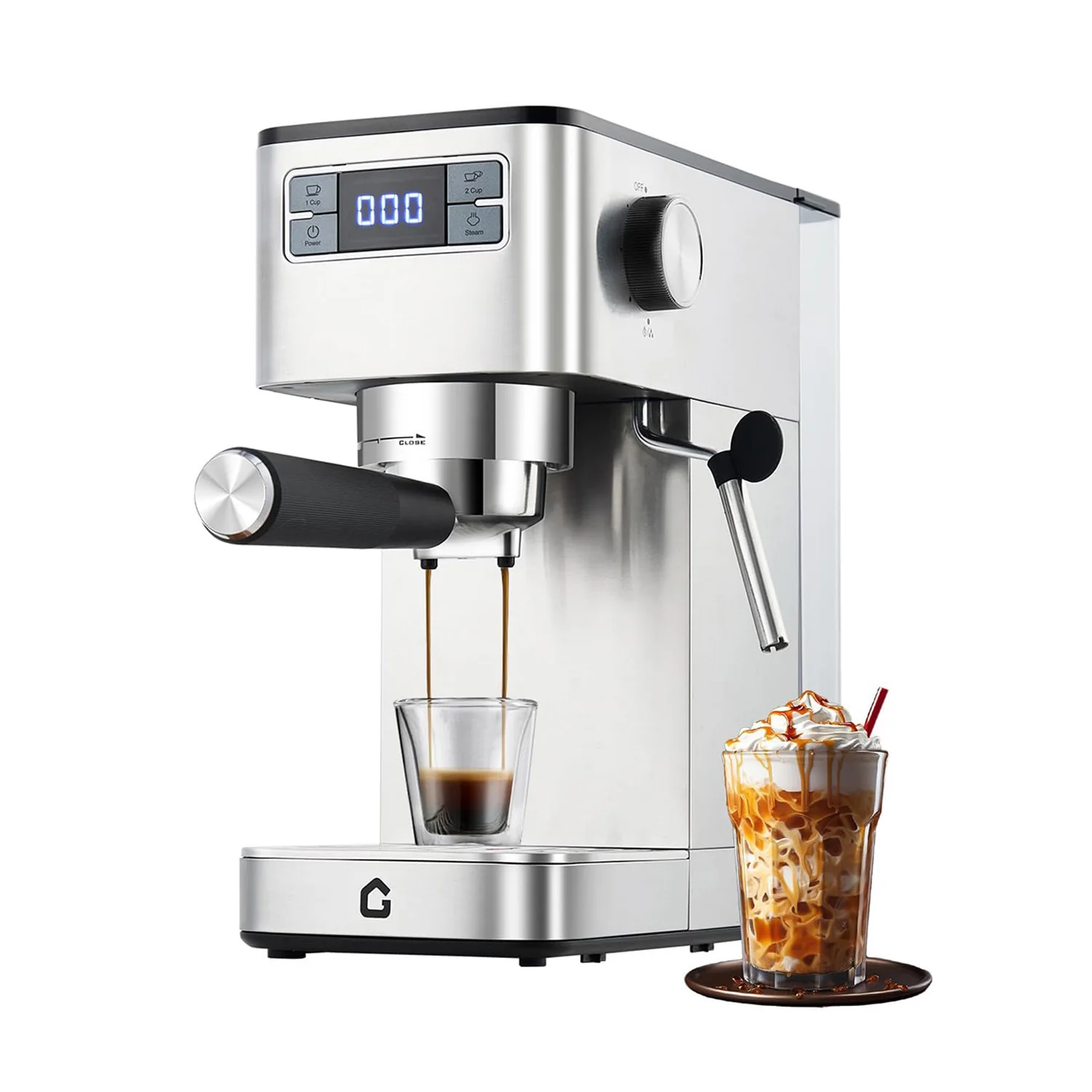 

20-Bar Espresso Machine With Steam Milk Frother Stainless Steel 34oz Removable Tank Compact Silver Home Barista Maker