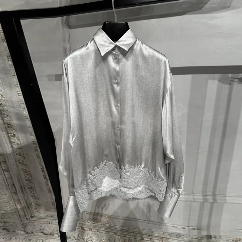 

Moss ey Long Sve Silk irt Transparent Charm Alluring Vintage Lace Hem High Gloss Pearlescent Women's Premium Silk irt