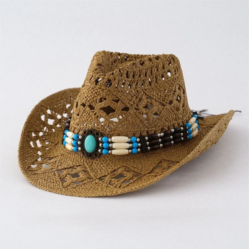 

A new style of women's hats with ethnic decorative belts and features featuring hollowed-out weaving