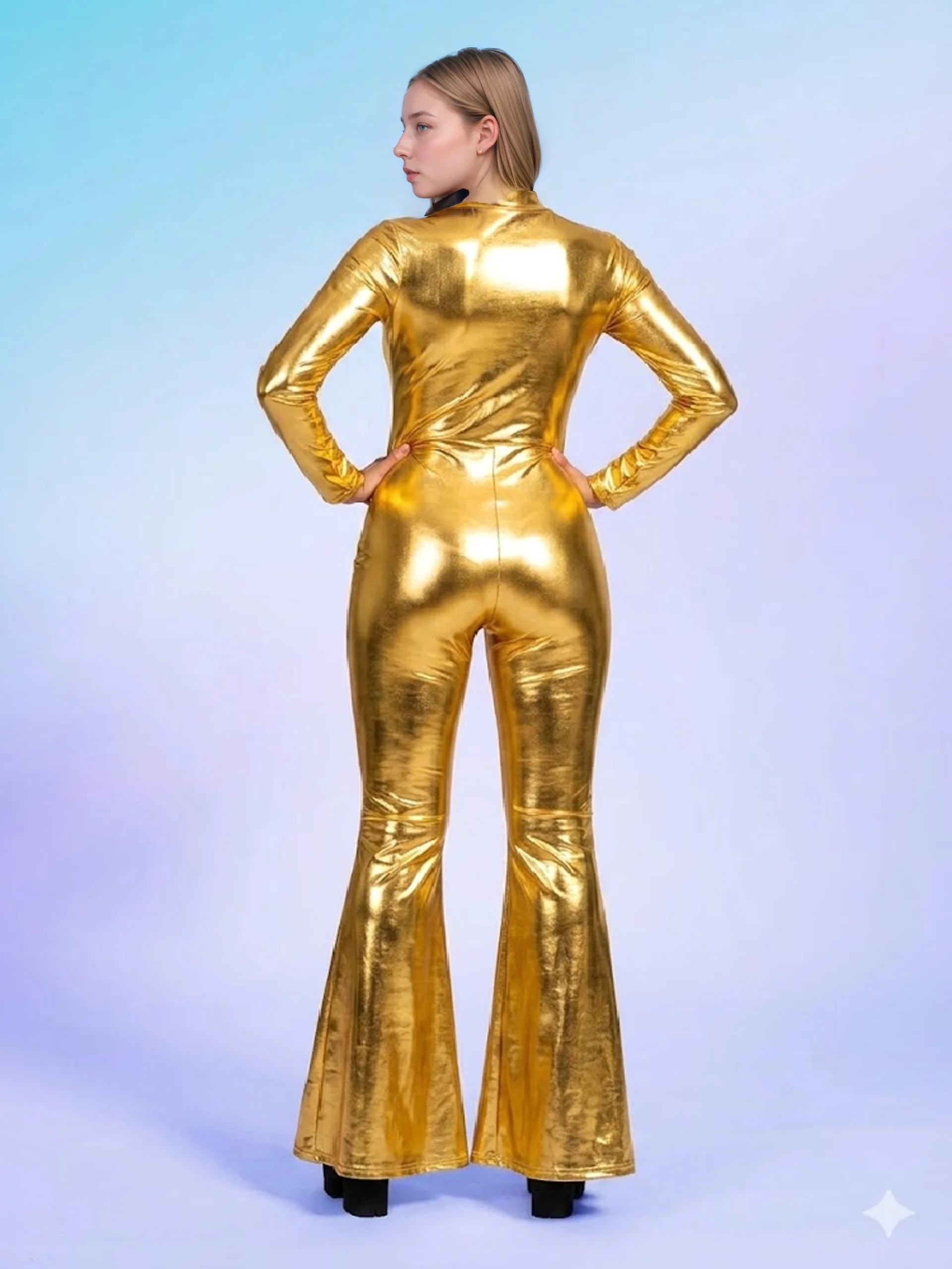 Damen Rollkragen-Jumpsuit mit Glänzendem Metallic-Effekt und Schlaghose, Schillernder Glänzender Bodysuit für Nachtclub, Disco, Bühne und Party – Detail 3