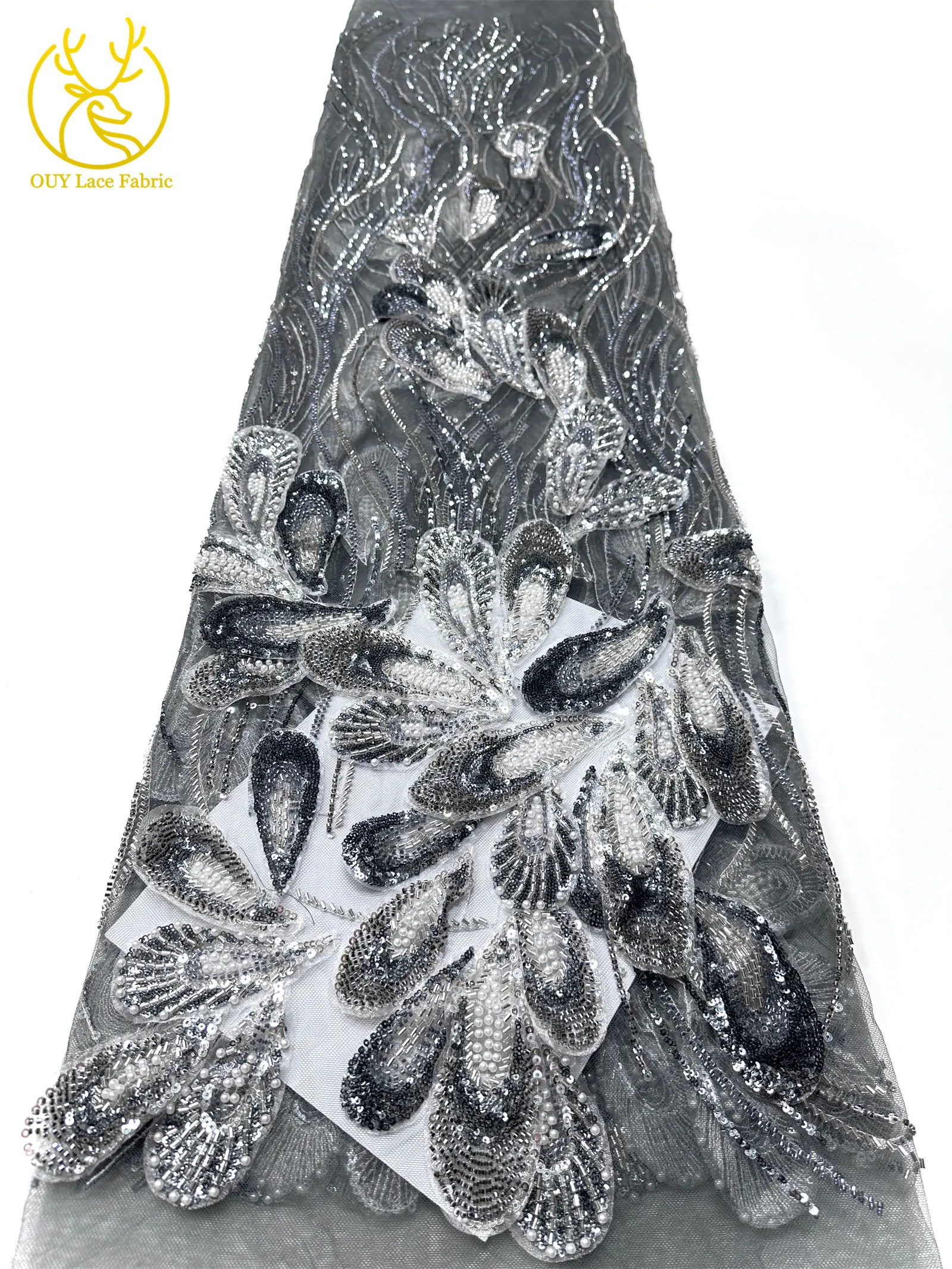 3D Luxus Afrikanischer bestickter Perlen-Mesh-Spitzenstoff, 5 Yards, französischer Tüll-Pailletten-Spitzenstoff für nigerianische Hochzeitskleider zum Nähen – Detail 22