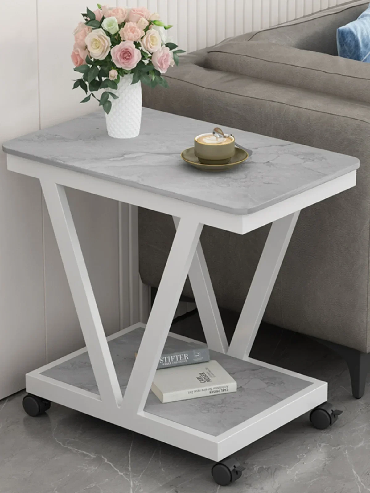 

Outstanding Nordic Sofa Side Cabinet Rock Slab Small Coffee Table With Wheels Double Layer Mobile Shelf Corner Bedside