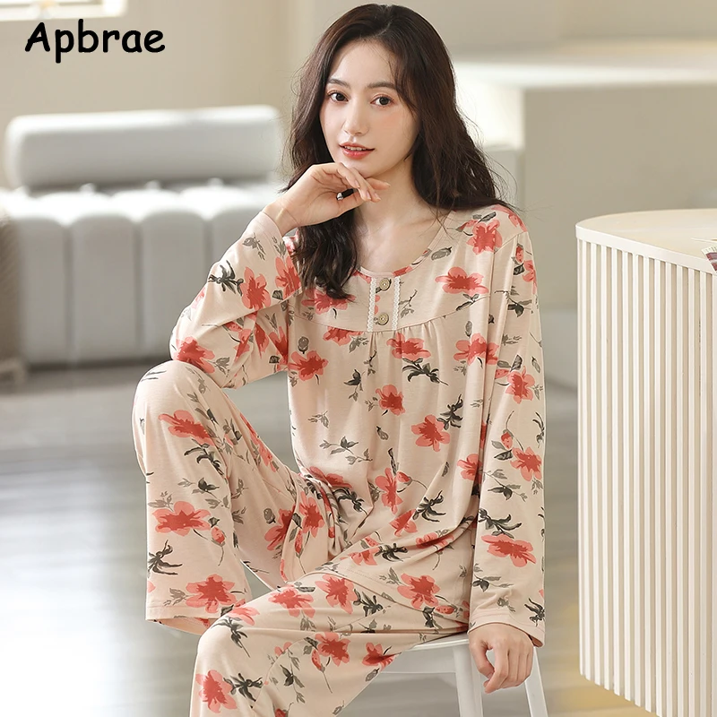 M-4XL Woman Sleepwear Autumn Winter Women Pajamas Set Floral Print Home Clothes Modal Nightwear Casual Homewear for Girl