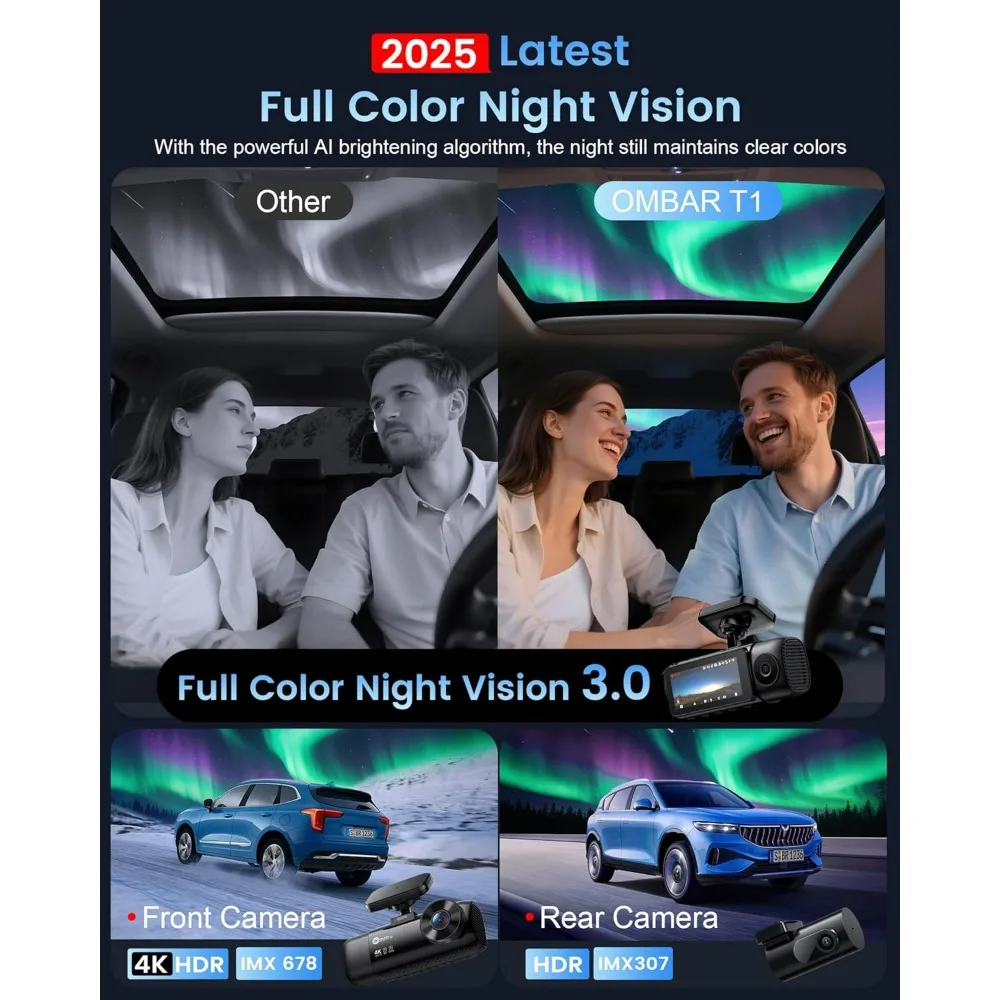 كاميرا OMBAR T1 4K ذات 3 قنوات، أجهزة استشعار STARVIS 2 IMX678، بطاقة 128 جيجابايت مجانية، رؤية ليلية HDR كاملة الألوان جديدة 2025، 4K+1080P+1080P