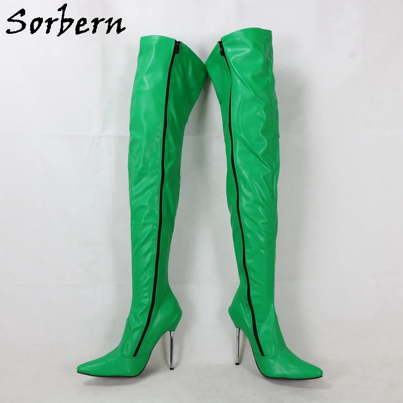 حذاء طويل Sorbern-Green غير لامع ، سحاب مزدوج الجانب ، كعب عالي ، كروسدرسر ، صنم فوق الركبة الحذاء ، مخصص واسع أو نحيف الساق