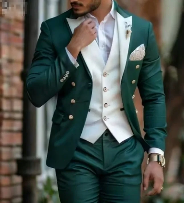 

Green And White Formal Men Suit Male Party Prom Business Tuxedos Groom Groomsman Wedding 3 Piece Set Blazer Vest Pants