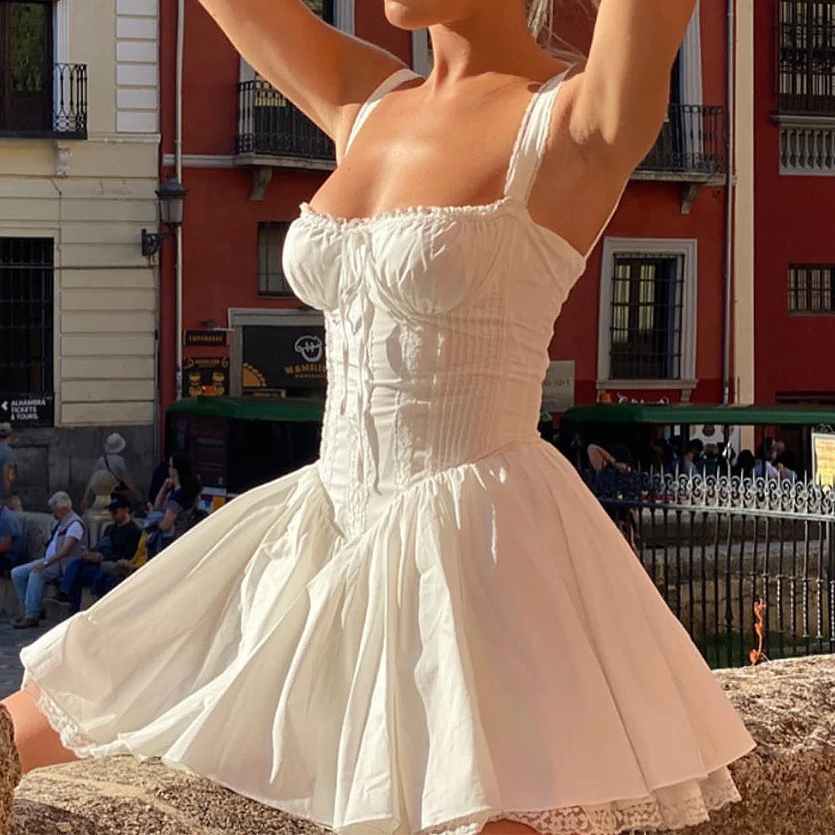 

Sweet Backless Mini Dress Women Elegant Lace Hem Chest Wrap Suspenders Dresses Summer Sexy Slim White Robes Vestidos Dress