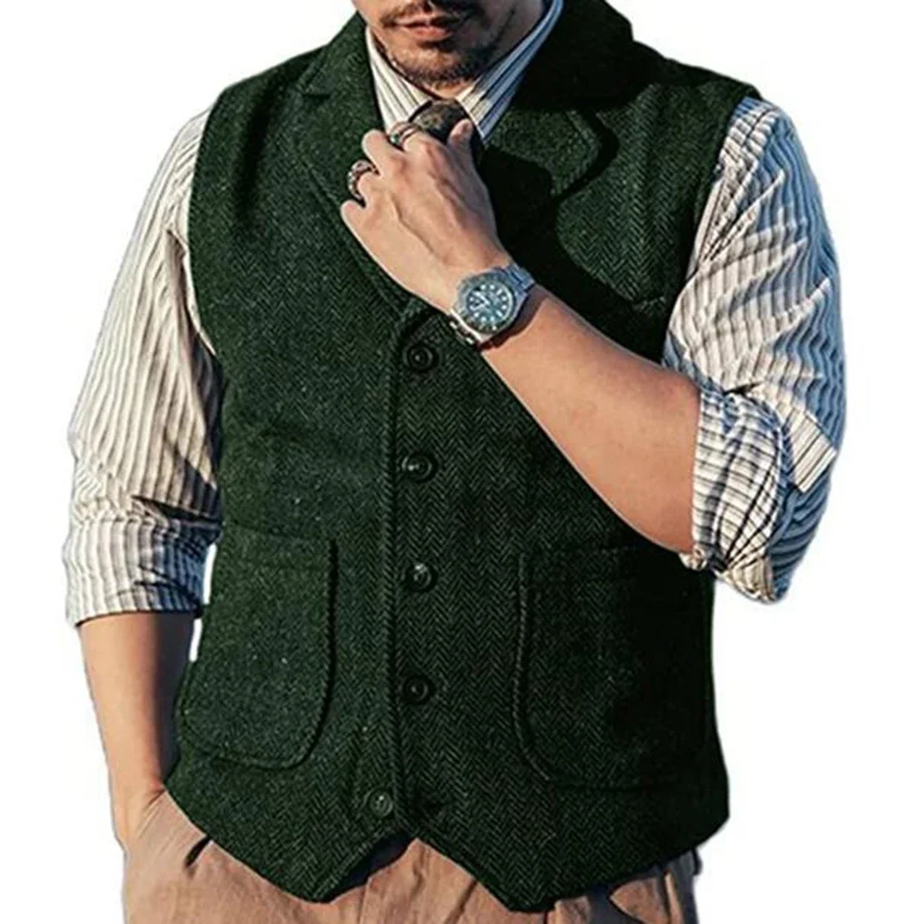 Green Men\'s Vest Tweed Waistcoat Slim Fit  Big Pocket V-Neck Herringbone Pattern Winter Wool Suit Vest Gentleman Wedding Clothes