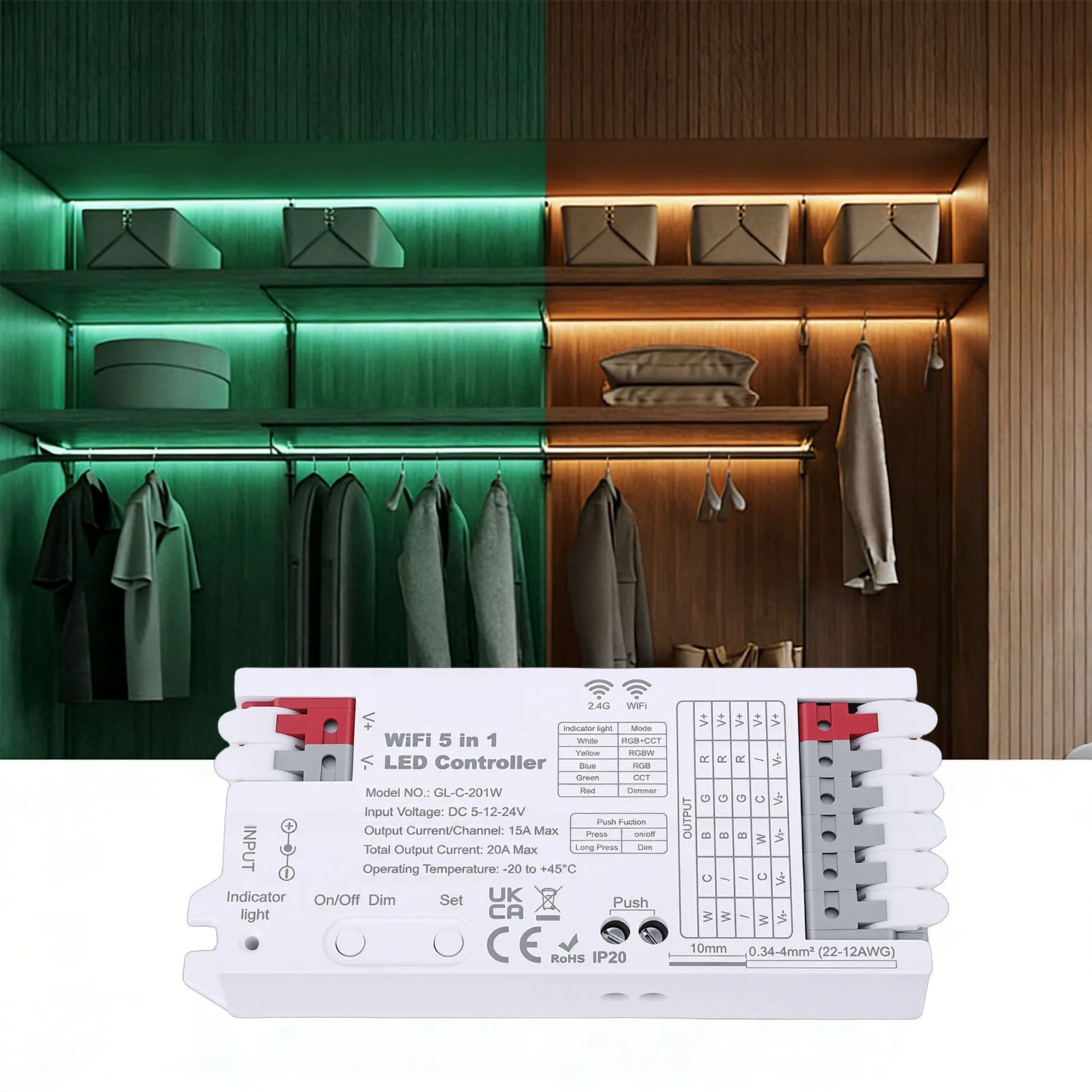 

Контроллер светодиодных лент с поддержкой Tuya Smart APP, Wi-Fi, Bluetooth, 2.4G, 5-в-1, для лент RGBCCT, RGBW, RGB, WWCW, с функцией диммера