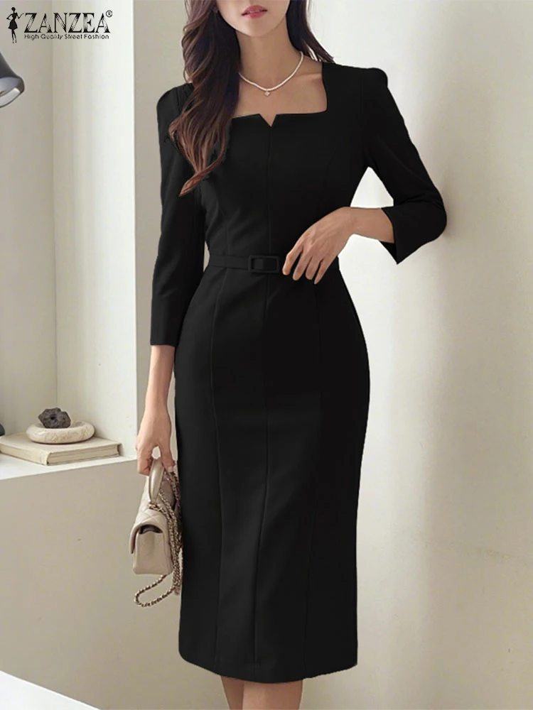 

ZANZEA Elegant Office Lady Dresses 2025 Women Sexy Square Collar Solid Knee-Length Sundress Casual Belted Fashion Shirt Robe