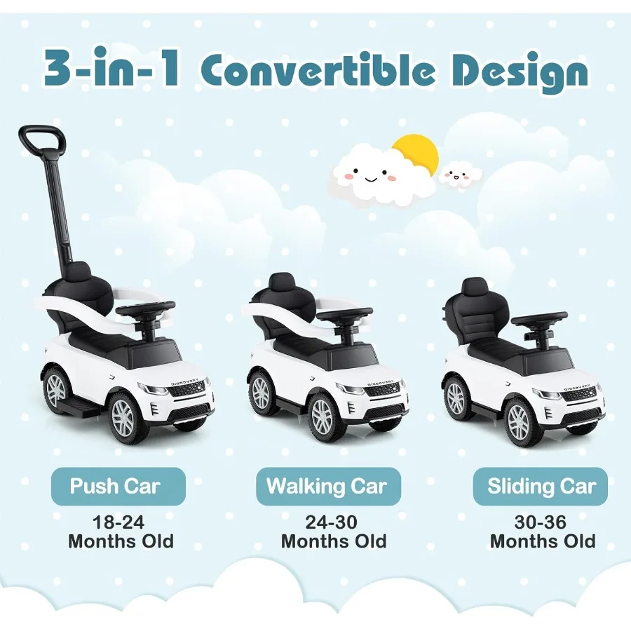 Carro push para crianças 3 em 1 land rover discovery carrinho de passeio deslizante com alça chifre som sob braços de armazenamento