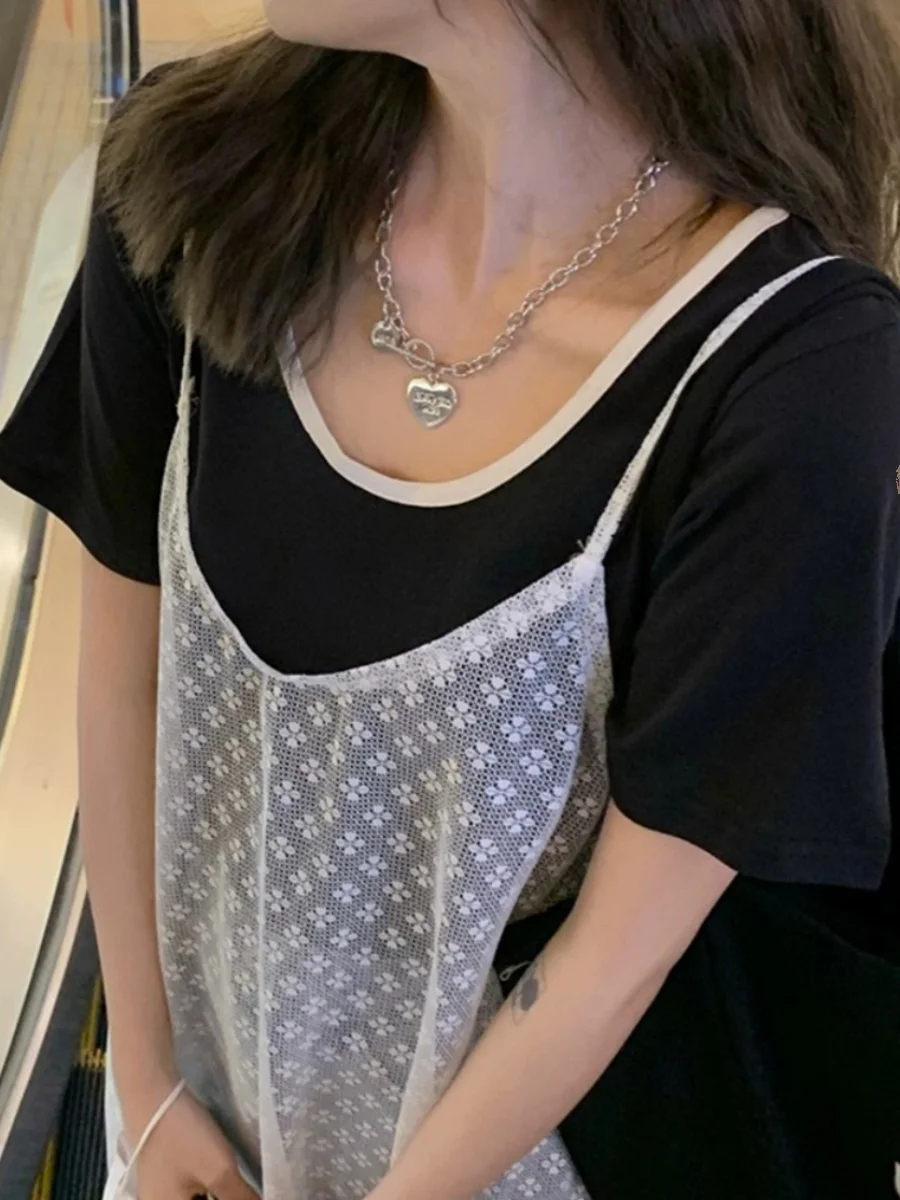 Vestido midi com decote ombro a ombro e detalhes em renda, csola básica em camadas, saia, estilo casual para o dia a dia, ...