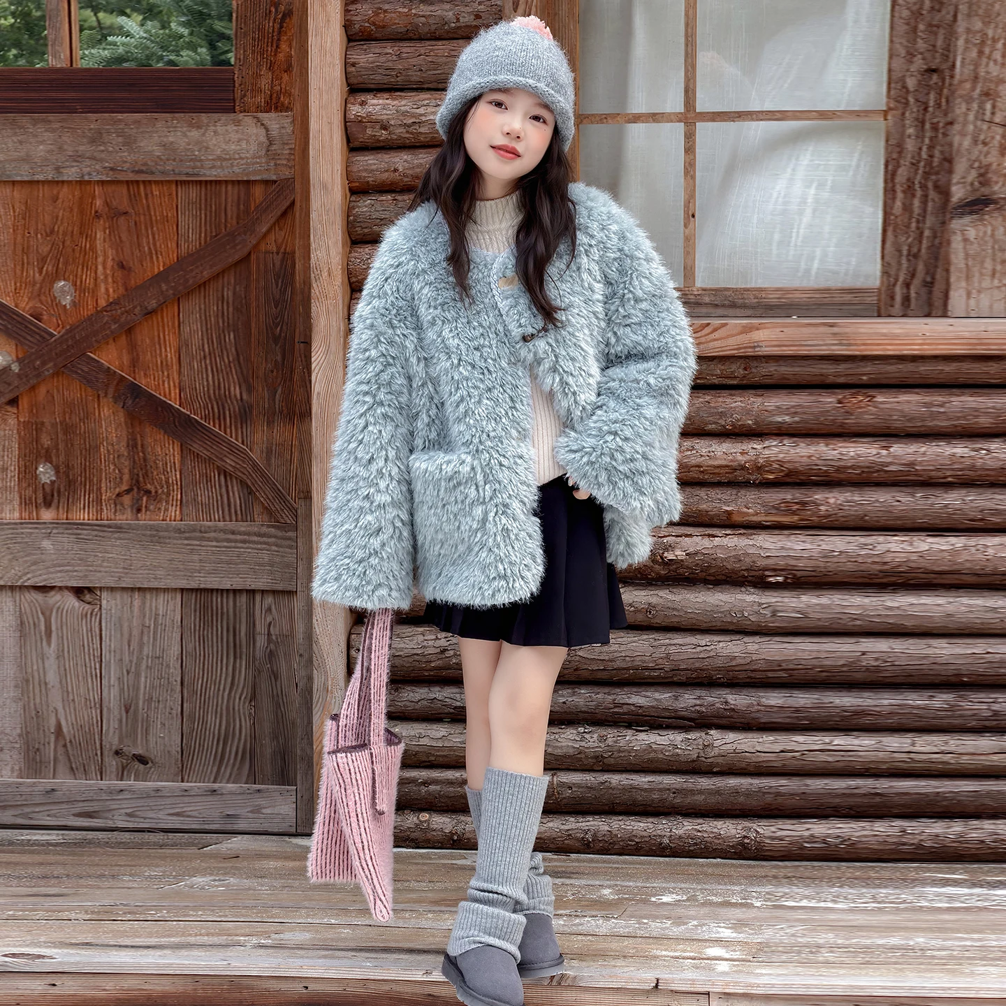 

Autumn Winter Vintage Wool Blend Coat Faux Fur Jacket Retro Blue Winter Thicken Round Neck Short Coats Girl Warm Short Outwear