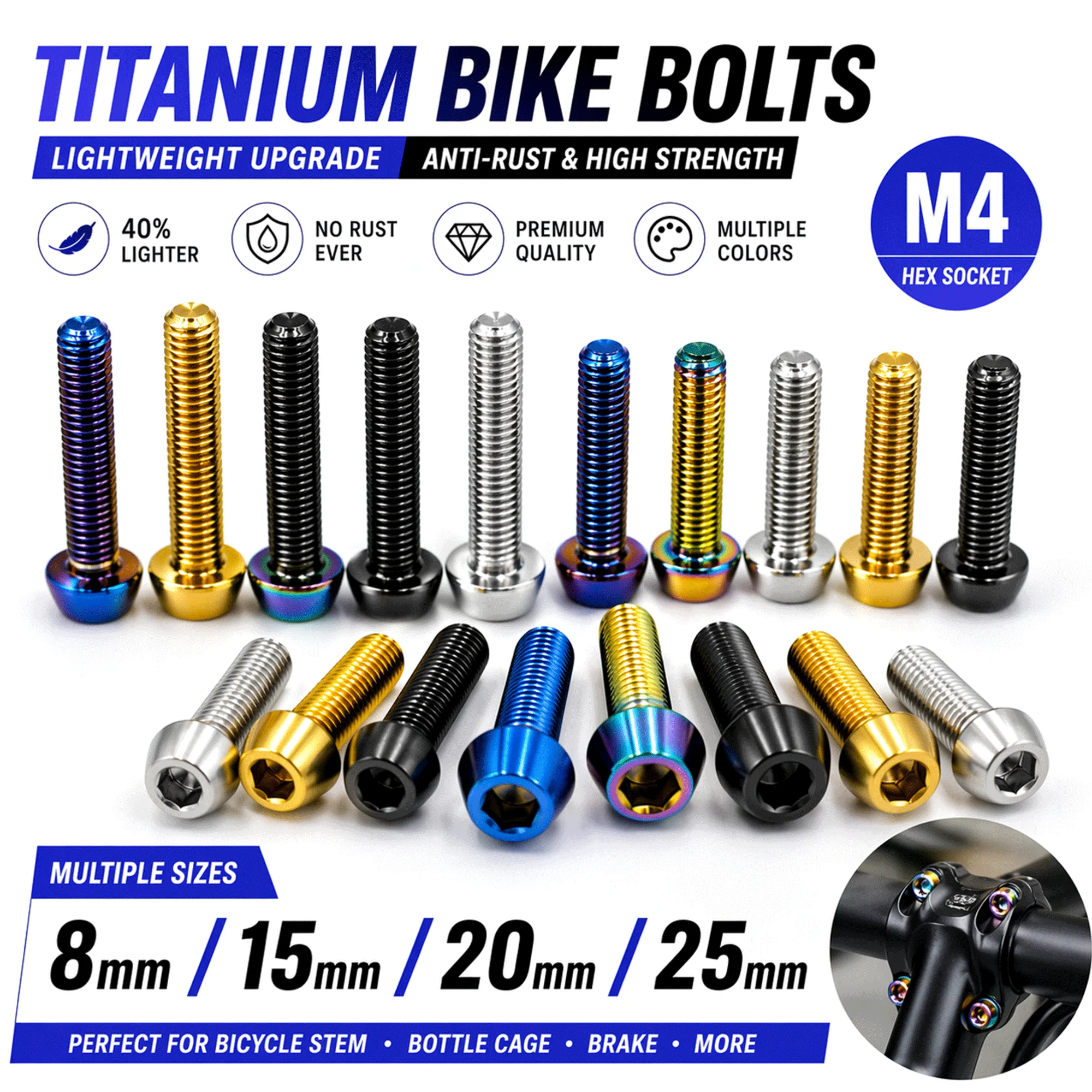 

M4 Titanium Bike Bolts 8mm 15mm 20mm 25mm 4pcs Hex Socket Cap Screws Anodized Lightweight Bicycle Stem Bottle Cage Fasteners