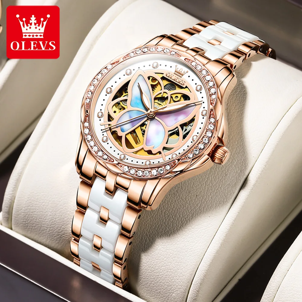 OLEVS 6615 Elegant Womens Watches Hollowed Butterfly Ceramic Strap Luminous Original Ladies Automatic Mechanical Wristwatch