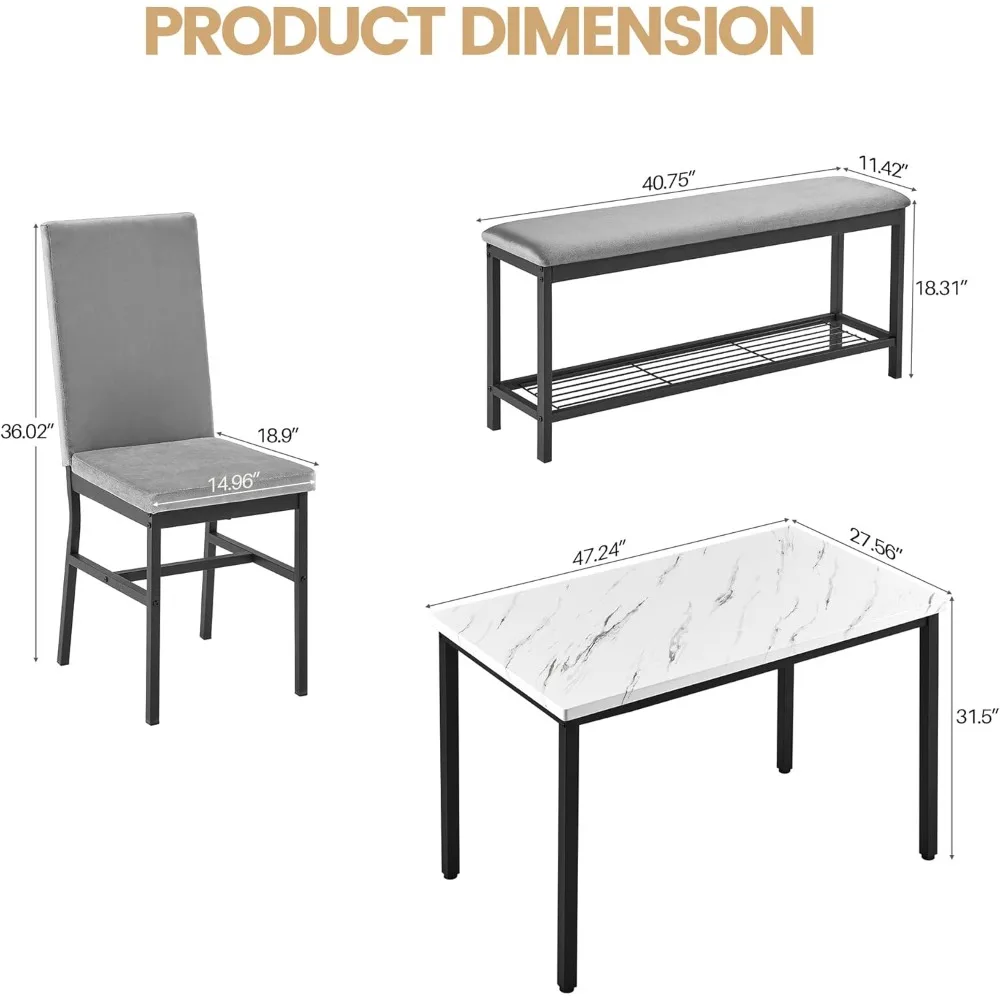 Dining Table Set for 4,Faux Marble Kitchen Table,Kitchen Table Chairs Set with Velvet Chairs,Bench with Storage Net for Dining R