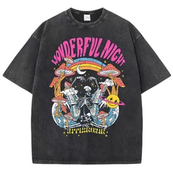 Wonderful Night Skeleton Butterfly Wave Print Mens T-Shirts Fashion Oversized Tops Street Comfortable Clothing Loose Wash Tee