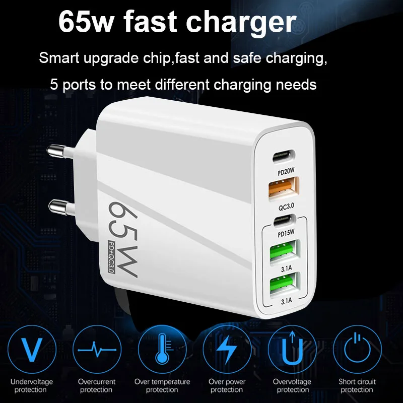 ANSEIP USB Charger 65W Fast Charging QC3.0 USB PD Type C Charge Adapter For iPhone 14 13 12 11 Xiaomi Huawei Samsung ipad Tablet