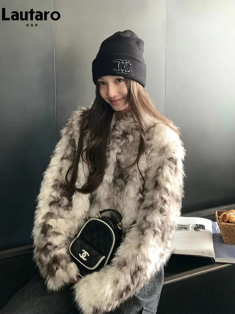 

Lautaro Autumn Winter Short Thick Warm Colorful Loose Soft Curly Faux Fur Coat Women Stand Collar Luxury Chic Fluffy Jacket 2026