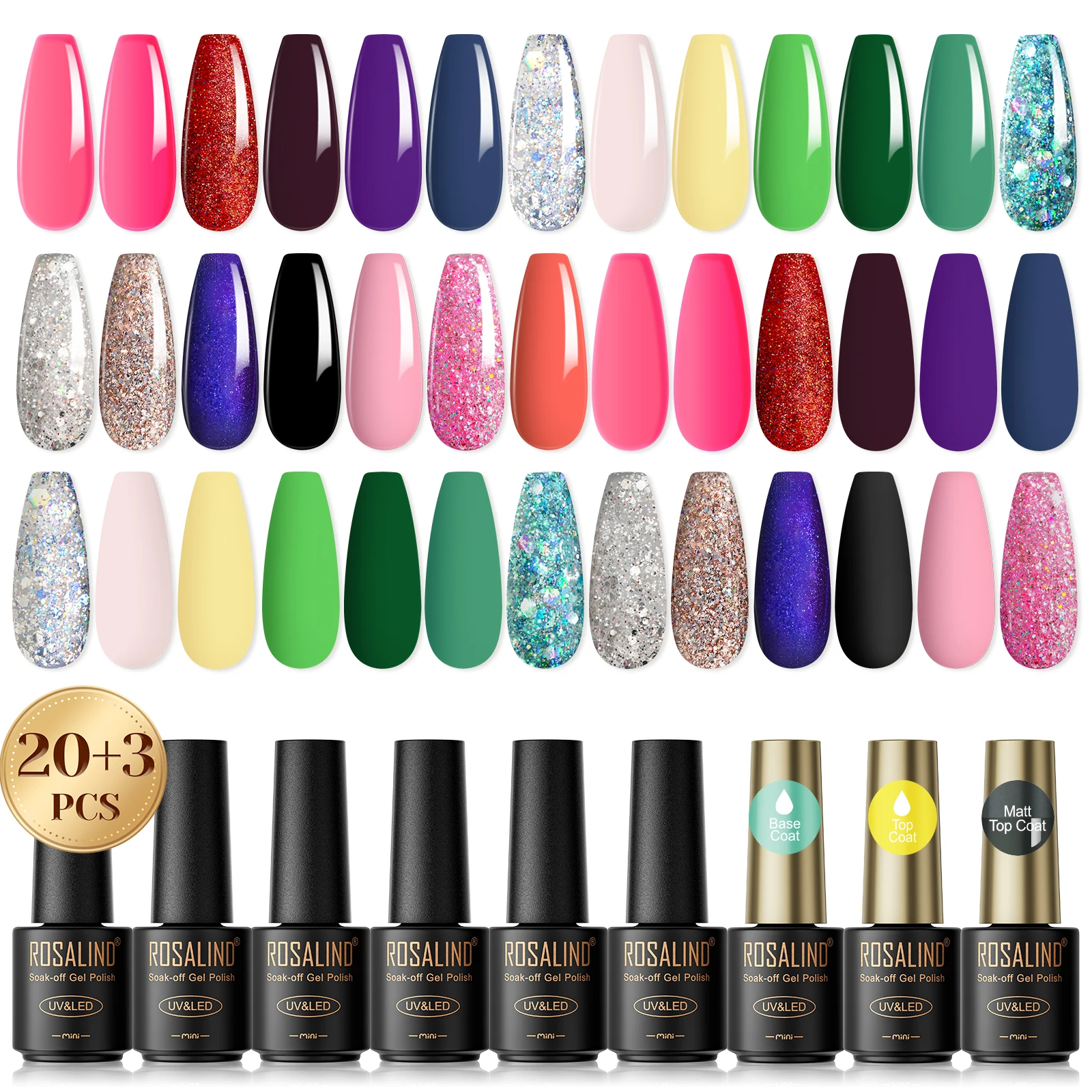 Rosalind 23PCS Gel Nail Polish Set Glossy & Matte Top and Bottom Coating Gel Polishing Agent Color Gel UV lamp nail supplies